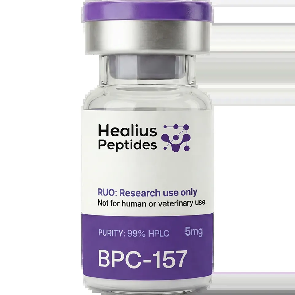 Healius Peptides product photo of a labeled BPC-157 vial and box on a white background.