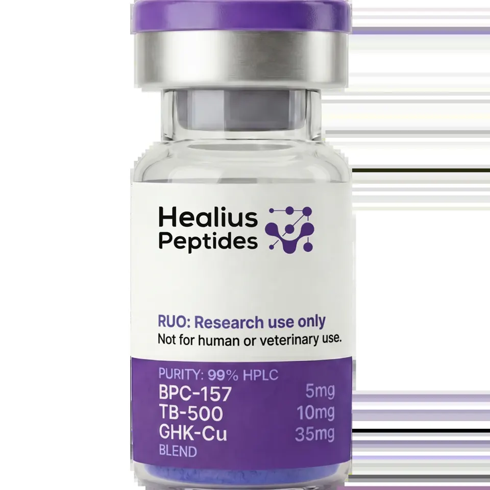 Healius Peptides product photo of a labeled Glow blend vial and box, marked 50 mg, on a white background.