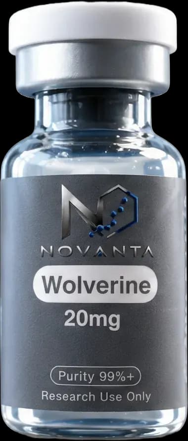 Novanta Research product photo of a labeled Wolverine research vial, a BPC-157 and TB-500 blend.