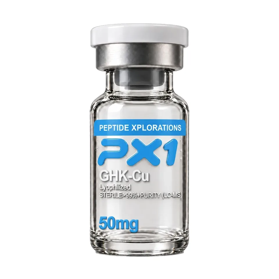 PX1 Research product photo of a labeled GHK-Cu vial and box on a white background.