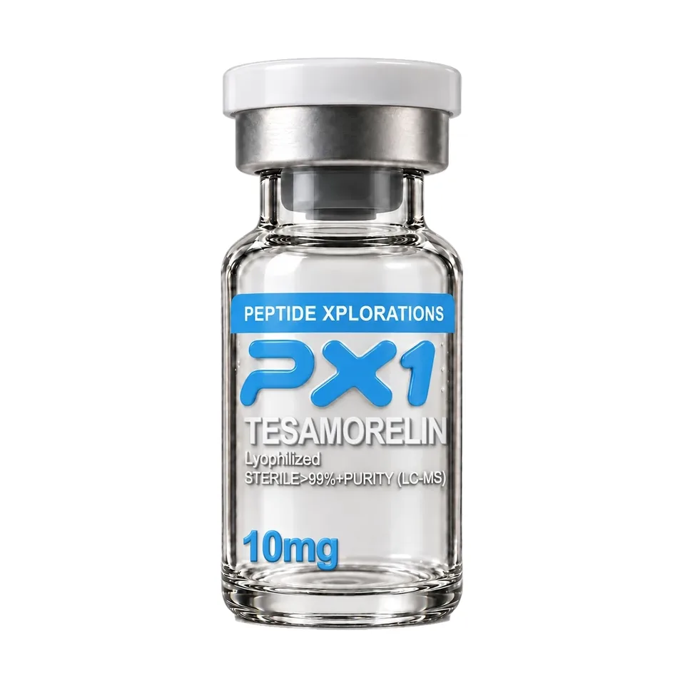 PX1 Research product photo of a labeled Tesamorelin vial and box on a white background.